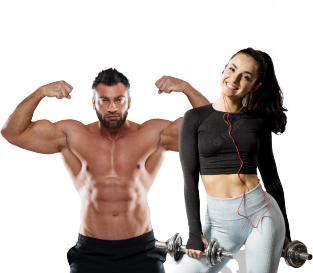 A muscular man flexing and a fit woman holding dumbbells, both in athletic wear.